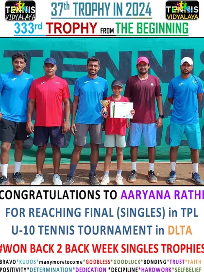 Congratulations to Aaryana Rathi for reaching the singles final in the TPL U-10 Tennis Tournament, winning back-to-back weekly trophies.