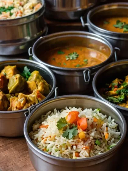 This is how I deliver daily comfort to your doorstep. Our meals are packed in hygienic and reusable steel tiffins, ensuring your food stays fresh and warm. This spread includes a vegetable pulao, a dry sabzi, and two different home-style curries.
