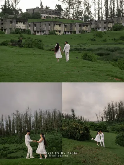A collage showcasing different moments from a walk through the green hills. It includes wide shots of the landscape and candid moments of the couple holding hands and laughing together.