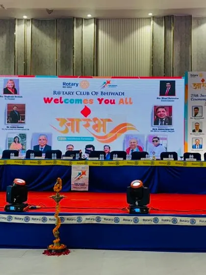 The stage setup for a formal conference for the Rotary Club of Bhiwadi. We manage everything from panel seating and branding on the backdrop to audio-visual equipment for seminars and corporate meetings.