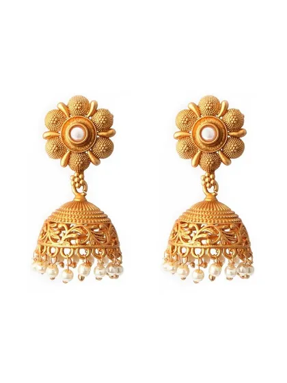 This product image showcases traditional jhumka earrings with white pearl details against a white background, perfect for clear and concise representation on Amazon or Flipkart.