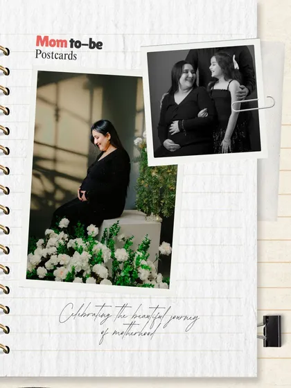 A 'Mom-to-be Postcards' theme, this creative layout presents maternity photos in a beautiful, scrapbook-like design, perfect for sharing and cherishing.