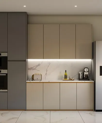A full view of the two-tone kitchen render. The side-by-side refrigerator and built-in appliances are perfectly integrated into the cabinetry for a seamless and sophisticated finish.
