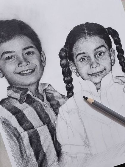 A closer look at the finished graphite sketch where I merged two separate childhood photos. The challenge was to make them look like they were always in the same picture, and I'm so happy with the result.