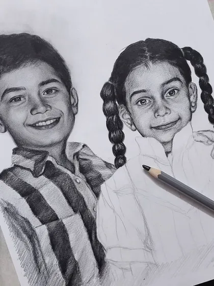 A closer look at the finished graphite sketch where I merged two separate childhood photos. The challenge was to make them look like they were always in the same picture, and I'm so happy with the result.