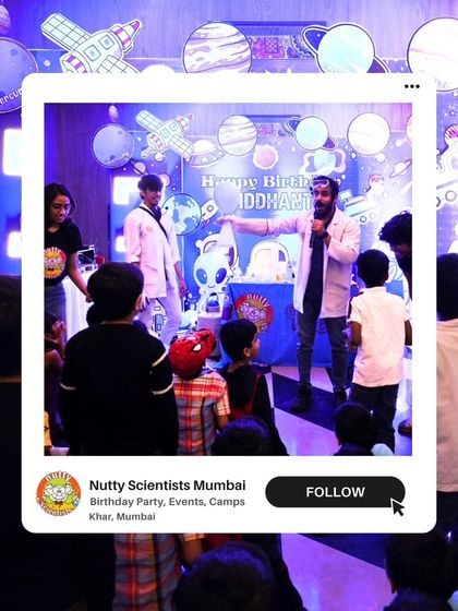 A space-themed birthday party in full swing! With planets and rockets decorating the venue, our Nutty Professor leads an interactive science show for a crowd of excited young astronauts.