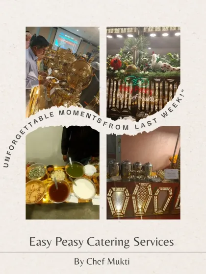 Unforgettable moments from last week, featuring a chaat counter, decorative food displays, and guests enjoying the meal.