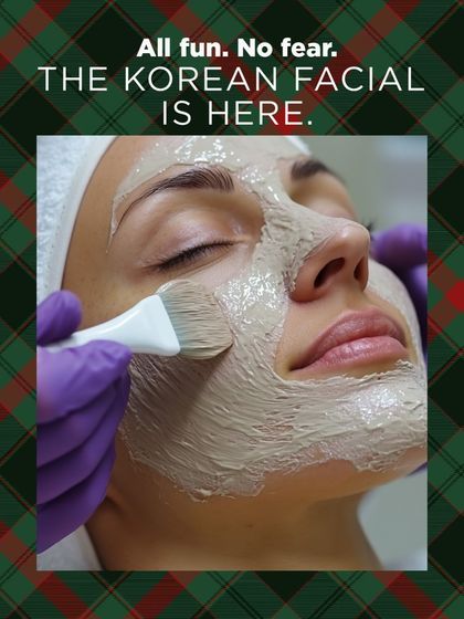 The Korean Facial is here to give you that sought-after glow without fear or downtime. This image captures the application of a specialized mask, a key step in our multi-layered treatment that combines photofacials and hydrating boosters for a dewy finish.