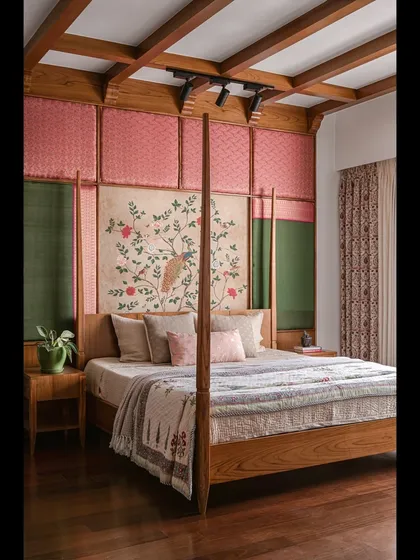 In this master bedroom, we designed a custom four-poster bed to be the centerpiece. The headboard is a tapestry of silk and brocade, stretching to the ceiling to create a sense of quiet grandeur and heritage.