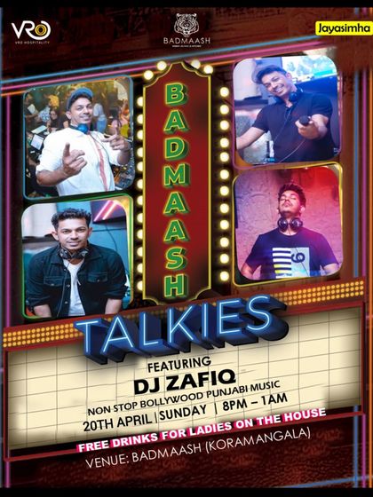 A poster for "Badmaash Talkies" at Badmaash Koramangala, a Sunday night event with non stop Bollywood and Punjabi music.