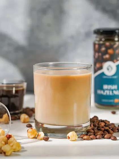 A styled shot of Irish Hazelnut coffee, surrounded by its key ingredients. The scattered hazelnuts and coffee beans help tell the flavor story of the product.