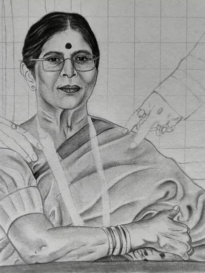 Another work-in-progress of a family portrait, this one focusing on a mother. The hands of her children resting on her shoulders add a layer of emotion and connection.
