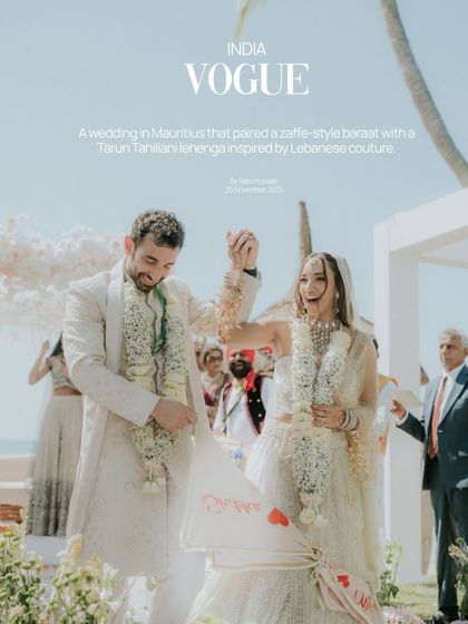 A joyful moment from the wedding ceremony in Mauritius, featured in Vogue India. This image captures the couple's happiness as they celebrate their union, blending Lebanese and Indian traditions.