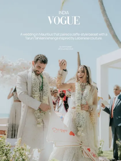 A joyful moment from the wedding ceremony in Mauritius, featured in Vogue India. This image captures the couple's happiness as they celebrate their union, blending Lebanese and Indian traditions.