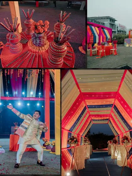 The groom, Deepesh, brought all the energy to the dance floor. The colorful canopy and dandiya props created a perfect setting for a memorable Sangeet performance.