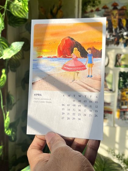 The April page of the calendar, featuring Marnie and Anna in Goa. The warm sunset tones make this one of my favorite illustrations from the series.