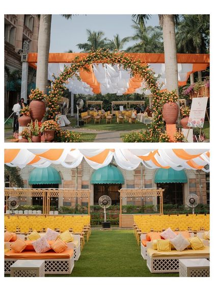 A collage showing the vibrant Haldi setup, including the marigold archway and the colorful low-seating arrangement for guests.