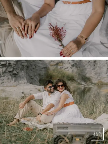 A collage showing a relaxed picnic scene. The top frame captures the intimacy of holding hands, while the bottom frame shows a fun, candid moment with a vintage boombox prop.
