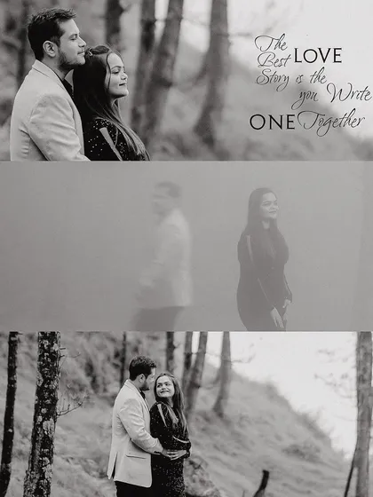 A black and white collage with a quote, showing a couple's love story unfolding against the backdrop of a mysterious, foggy forest.