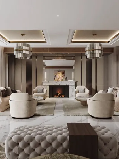 This rendering of a grand living room showcases our ability to handle large, complex spaces. We focus on the symphony of luxury and comfort, balancing statement lighting, a marble fireplace, and plush seating to create a scene that is both magnificent and welcoming.