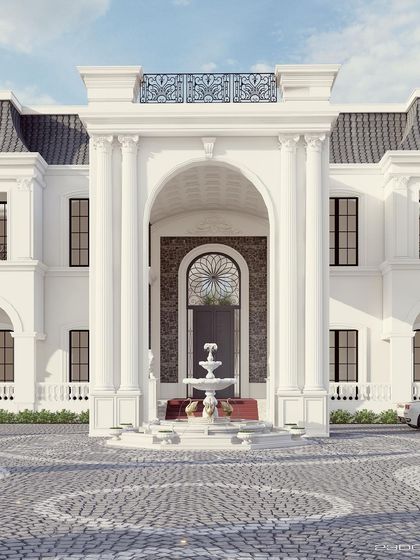 The entrance of this modern castle features a dramatic, double-height portico with a central water fountain. Guarded by lion statues, this grand entryway is designed to make a statement of power and luxury.