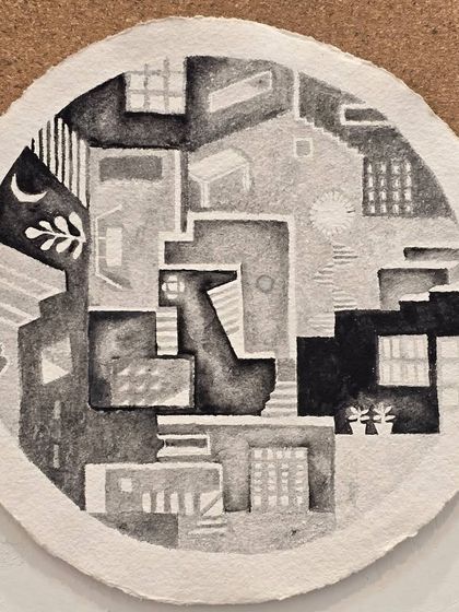 Vidya Ruparelia's hand painted artwork, which explores the idea of "filling the void." She abstracted architectural elements of 1 Shanthi Road into a circular composition, reflecting the handmade quality of the space.