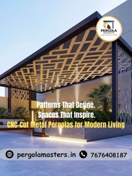This image showcases a stunning CNC-cut metal pergola, where intricate patterns define the roof and walls. The design offers a unique interplay of light and shade, turning a simple outdoor seating area into an inspiring architectural statement.