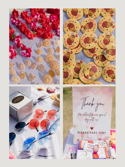 A collage of personalized details from a Haldi and Mehendi, including custom sunglasses, thank you notes, and fun badges for the guests.
