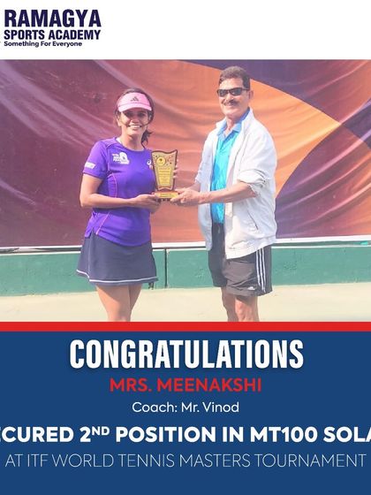 Consistent hard work leads to consistent results. We are thrilled to congratulate Mrs. Meenakshi, trained by our coach Mr. Vinod, for securing the 2nd position at the MT100 Solan ITF World Tennis Masters tournament.