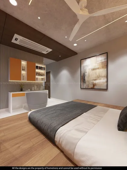 A view from the bed, showing the study area and the clean, modern lines of the room.
