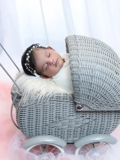 A classic newborn portrait featuring a baby sleeping in a vintage-style grey wicker pram, set against a soft pink and white backdrop.