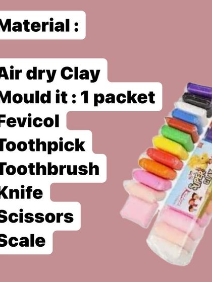 This image lists the simple materials needed for our online miniature clay workshop, making it easy for anyone to join from home.