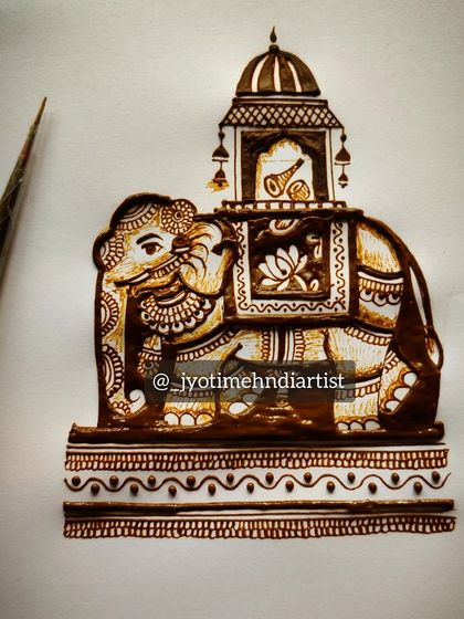 A royal elephant figure, often used in bridal mehndi to symbolize good luck and prosperity. This sketch shows the intricate details of the elephant's adornments.