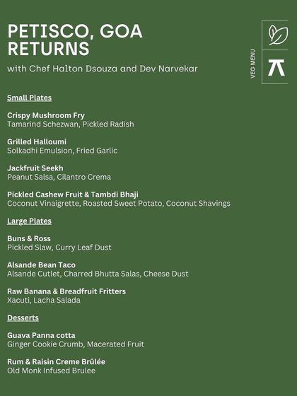 The vegetarian menu from the Petisco, Goa pop-up, featuring creative plates like Grilled Halloumi with a Solkadhi emulsion and Raw Banana & Breadfruit Fritters.