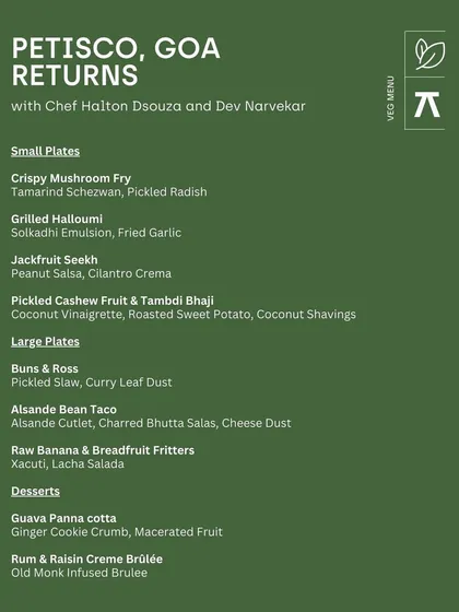 The vegetarian menu from the Petisco, Goa pop-up, featuring creative plates like Grilled Halloumi with a Solkadhi emulsion and Raw Banana & Breadfruit Fritters.