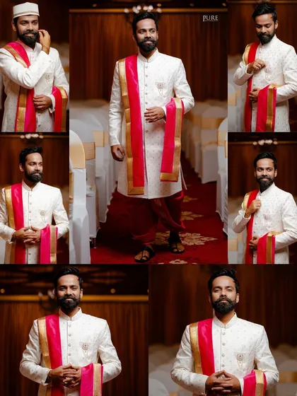A collage showcasing the Marathi groom's traditional wedding attire. We capture his personality through a series of dapper and joyful portraits.