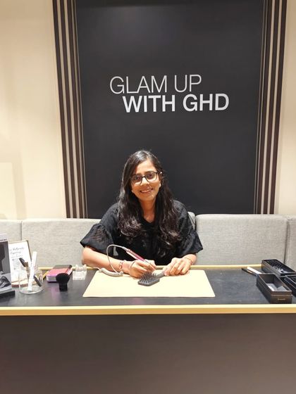 My setup at the Aveda Salon in Mumbai for a GHD hairbrush personalization event. A clean, professional workspace is key to creating beautiful work in a live setting.