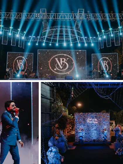 A collage of a grand Sangeet, showing the massive stage setup, live singer, and the beautifully lit entrance tunnel.