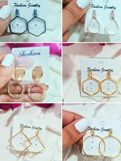Explore our new collection of earring bezels for resin art, with prices starting at just Rs. 40. This image shows various modern designs, including geometric shapes and stone-studded hoops.
