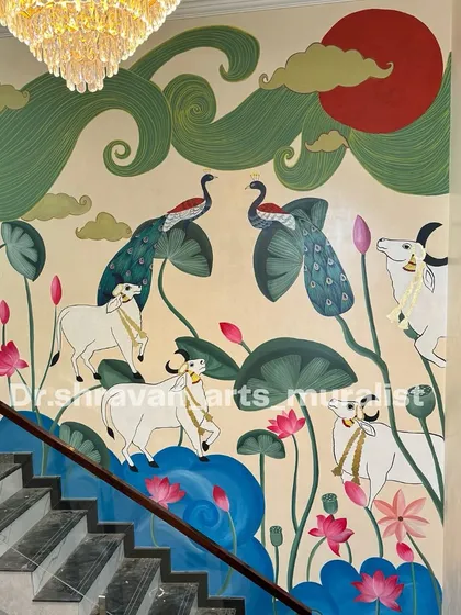 Bringing traditional Indian art to life on a grand scale is a passion of mine. This Pichwai-inspired mural fills a large staircase wall, featuring sacred cows, peacocks, and lotuses. The vibrant colors and classic motifs create a sense of heritage and grandeur.