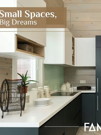 Small spaces, big dreams. This compact L-shaped kitchen uses a two-tone design with white upper cabinets and dark base cabinets to create visual interest and a sense of height, maximizing the feel of the space.
