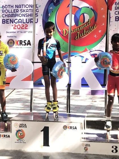 Our young national medalists on the podium at the 60th National Roller Skating Championships, a diamond jubilee event.