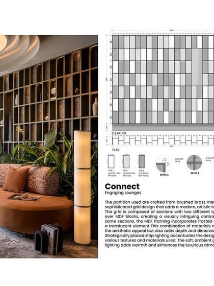 From concept to reality: this board shows the design evolution of the grid wall. The drawing details the composition of metal, marble, and lighting that resulted in the final, sophisticated feature wall.