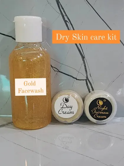 My skincare kit specially designed for dry skin. It includes the hydrating Gold Facewash, a nourishing Day Cream, and my Magic Night Fairness Cream.