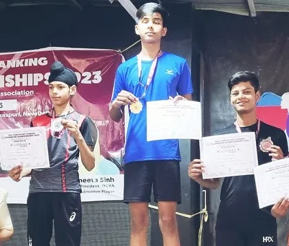 The winners' podium at the Delhi District Badminton Championships, where our players secured an impressive 10 medals, including 3 golds.