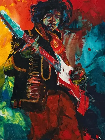 You can almost hear the music. This acrylic on canvas of Jimi Hendrix is all about energy, color, and the spirit of rock and roll. If you have a passion, whether it's music, movies, or motorcycles, we can translate that into a powerful piece of art.