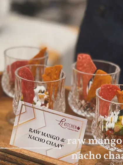 A tray of the Raw Mango and Nacho Chaat, showcasing the consistent and beautiful presentation I strive for with every dish I serve.