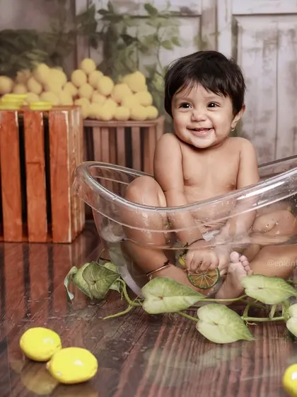 A sweet and sunny smile from our lemon bath session. This theme is perfect for creating bright, happy, and memorable portraits.