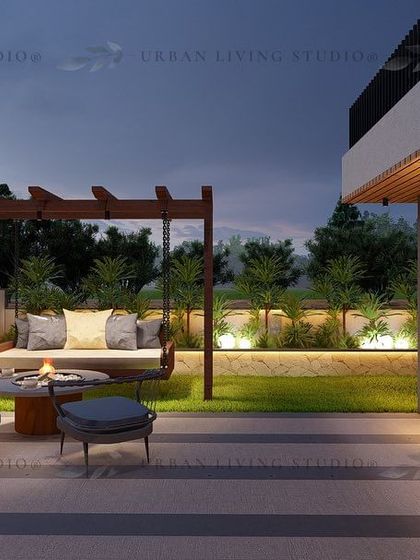 A peaceful seating area with a wooden swing and fire pit table. This design focuses on creating a comfortable and intimate space for quiet evenings.