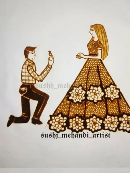 Mehendi can be personalized. This is a practice drawing of a proposal scene, a popular request for bridal mehandi. I teach how to draw figures and create these custom portraits.
